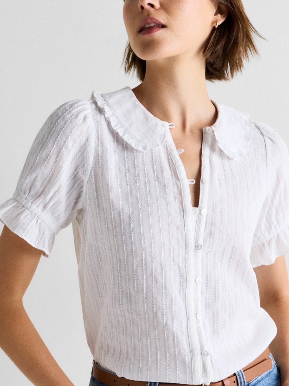 Quince 100% Cotton Boho Peasant RomanticWhite Ruffle Short Sleeve Blouse XL - Picture 2 of 12